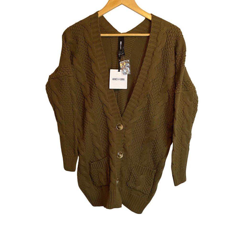 Agnes & Dora Boyfriend Cardigan Olive Green Cable Knit V Neck Pockets S NWT - Picture 1 of 10